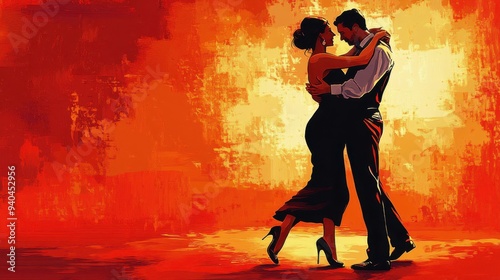 Couple passionately dancing tango on red and yellow glowing background. World Tango Day. Flat illustration. Horizontal banner. Free space for text. International Dance Day photo