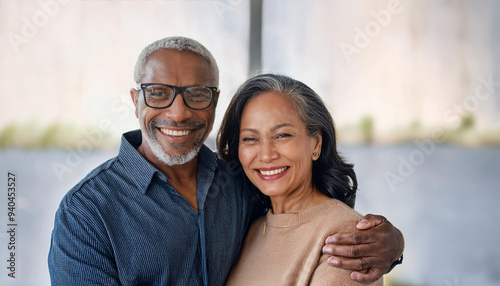 Portrait of a mature couple, African American and Asian lovers, they love each other and are full of affection