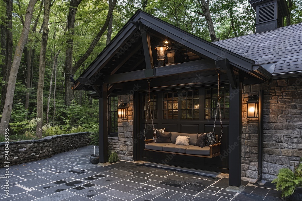 Black farmhouse garage with open door and hanging porch swing, featuring grey stone exterior, natural light, and modern architectural style. Black farmhouse garage with open door and hanging porch swing, featuring grey stone exterior, natural light, and modern architectural style.