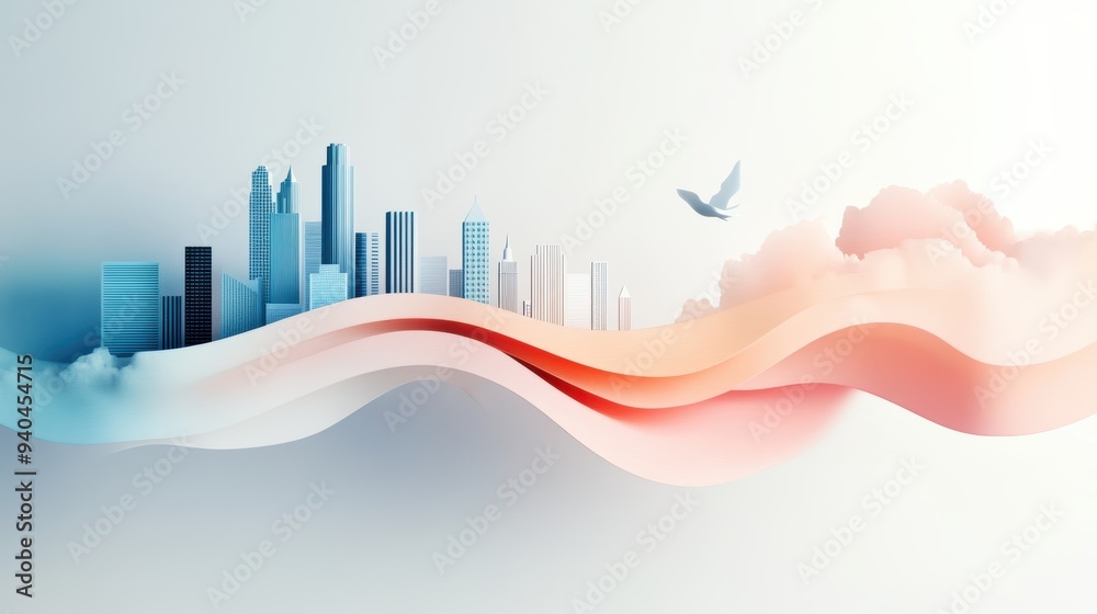 A whimsical, stylized illustration depicting a detailed cityscape skyline with flowing lines and a soft, watercolor effect.