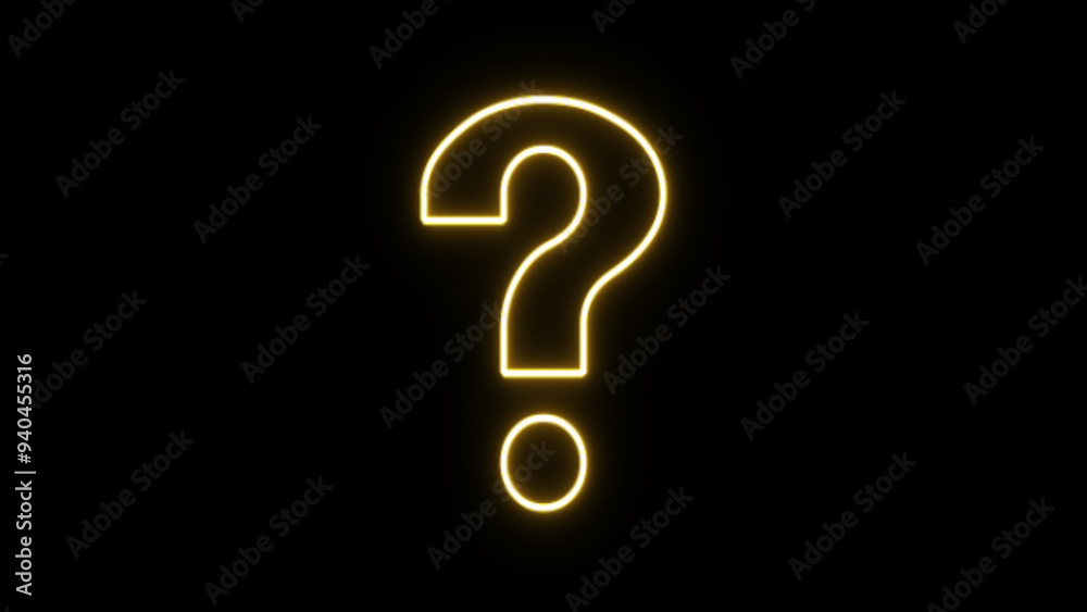 Glowing yellow blinking neon question mark on alpha channel background. Flickering question mark sign