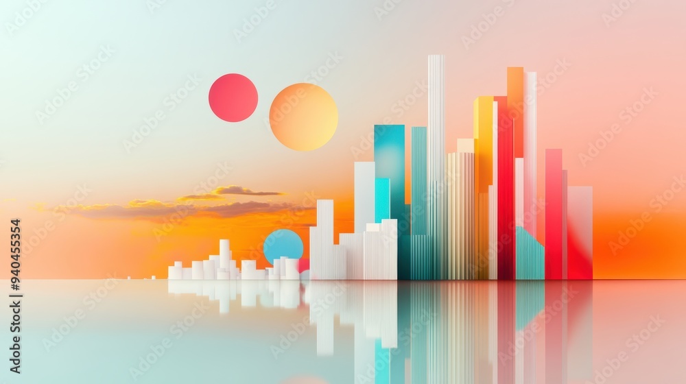 Fototapeta premium A futuristic and abstract illustration of a modern cityscape skyline, incorporating advanced technologies and unconventional forms.
