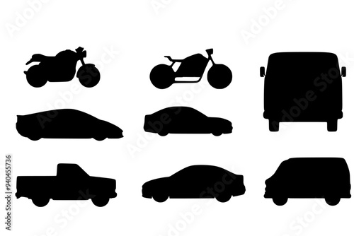 Silhouette cars on a white background. cars silhouettes with different poses isolated. old and new cars icons
