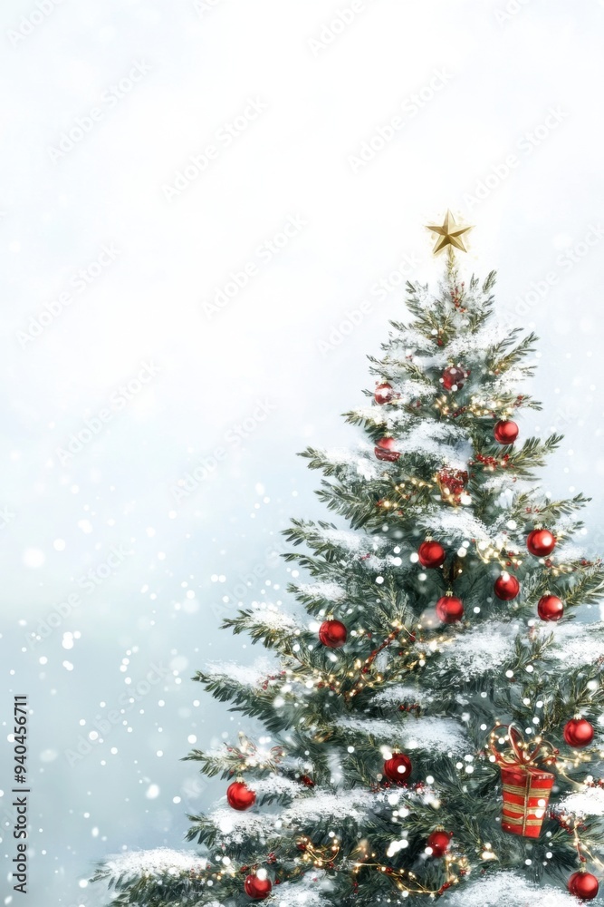 Snowy Christmas tree with red balls, white background. Vertical banner. Copy space. Merry Christmas. Happy New Year. Festive background, postcard, template Snowy Christmas tree with red balls, white background. Vertical banner. Copy space. Merry Christmas. Happy New Year. Festive background, postcard, template