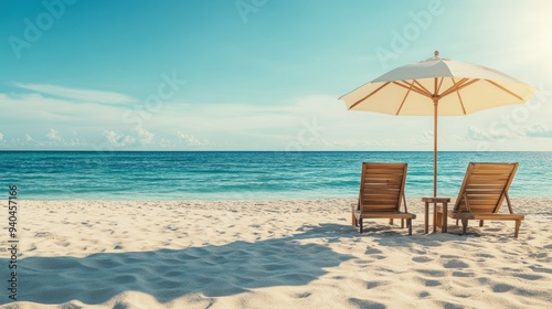 Two Empty Beach Chairs Under an Umbrella on a Sunny Day