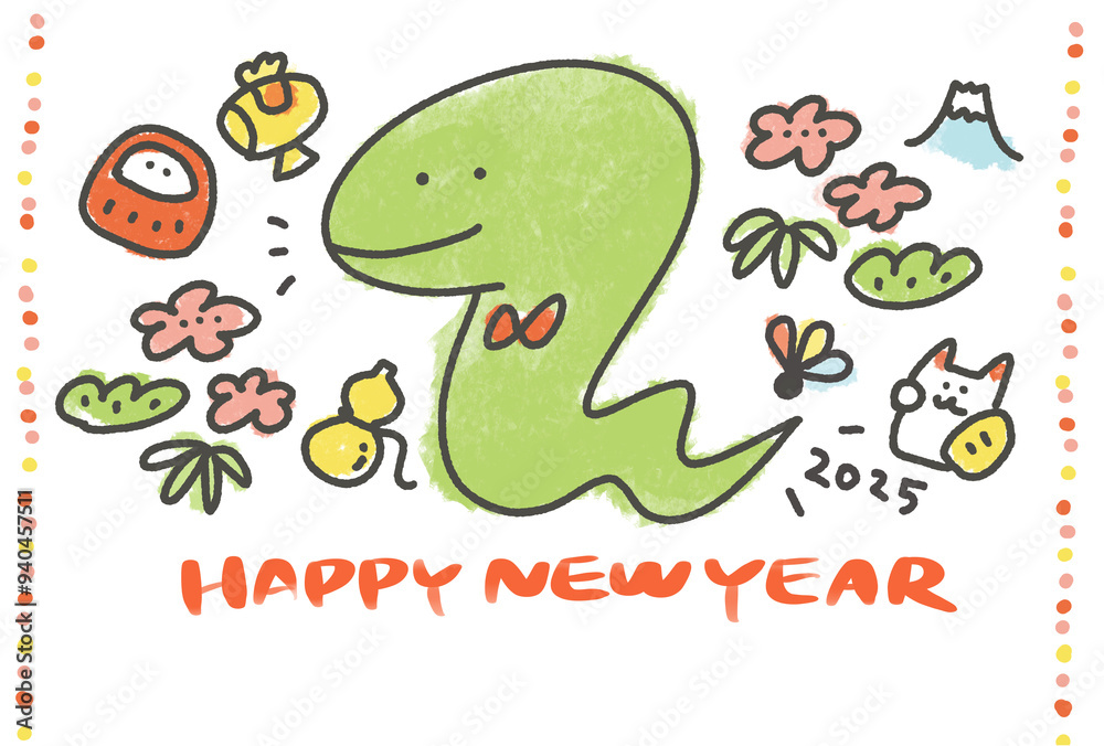 Obraz premium かわいい蛇と縁起物の年賀状 2025 手描き