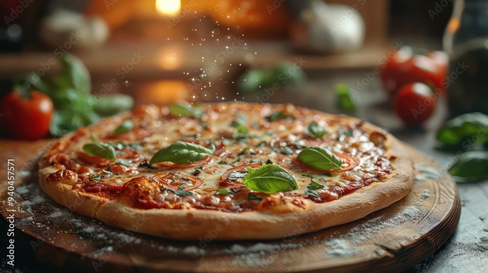 A whole, golden-brown pizza topped with melted cheese, fresh basil leaves, red pepper flakes, A whole, golden-brown pizza topped with melted cheese, fresh basil leaves, red pepper flakes,