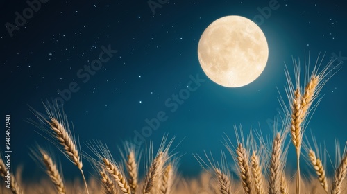 A symbolic representation of prosperity, with a full moon shining upon a field of golden wheat, symbolizing abundance and good fortune.