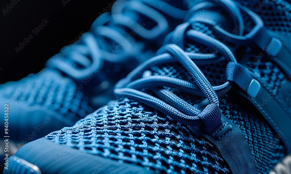 Close up view of levitation blue sneakers shoes with flying laces over black background with copy space for text. Close up view of levitation blue sneakers shoes with flying laces over black background with copy space for text.
