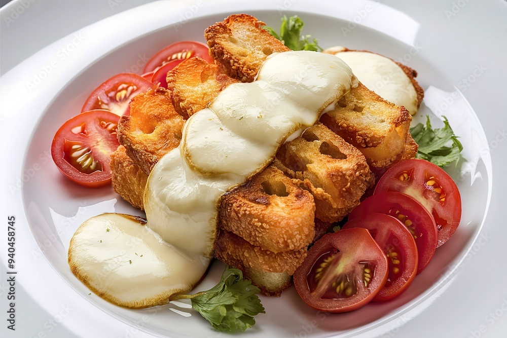 A delectable close-up of golden, fried hot toast topped with luscious mozzarella cheese and freshly sliced tomatoes A delectable close-up of golden, fried hot toast topped with luscious mozzarella cheese and freshly sliced tomatoes