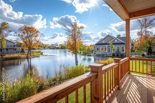 Front porch view of a new home in Trousersview Lakes development, featuring a solid wood deck, overlooking a lake, neighborhood, and pond with trees.