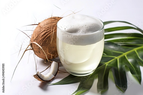 A pristine white background showcases a transparent glass filled to the brim with refreshing coconut water photo