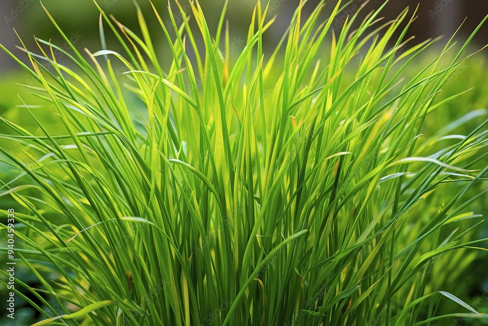 A stunning close-up photograph of lush, vibrant green grass blades A stunning close-up photograph of lush, vibrant green grass blades
