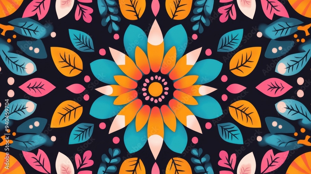 Naklejka premium Geometric pattern illustration with repeating shapes, intricate details, and vibrant colors, perfect for a mesmerizing and repetitive coloring experience.