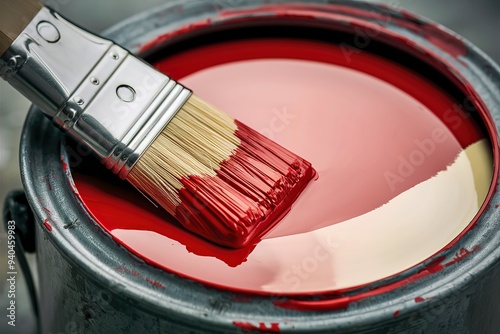 A close-up, artistic shot of a paintbrush with red paint lying on a paint can
