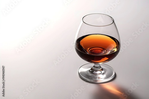 A luxurious and elegant image of a crystal glass filled to the brim with amber cognac