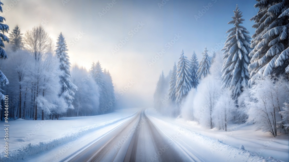 road covered with snow and at winter blurred horizon and white forest in white fog sky road covered with snow and at winter blurred horizon and white forest in white fog sky
