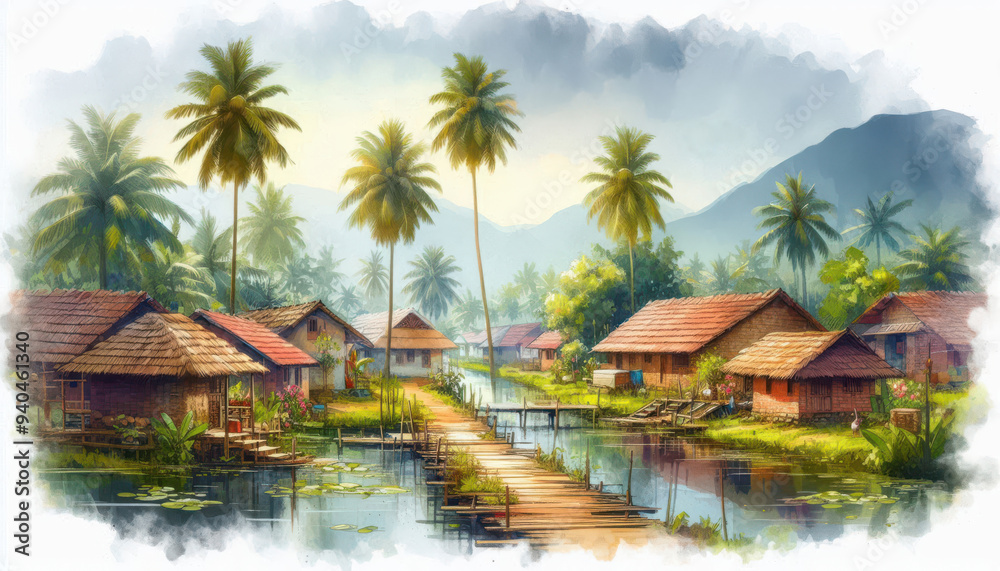 Kerala village landscape with mountains, coconut trees and small houses. Watercolor style Kerala village landscape. AI Generated Kerala village landscape with mountains, coconut trees and small houses. Watercolor style Kerala village landscape. AI Generated