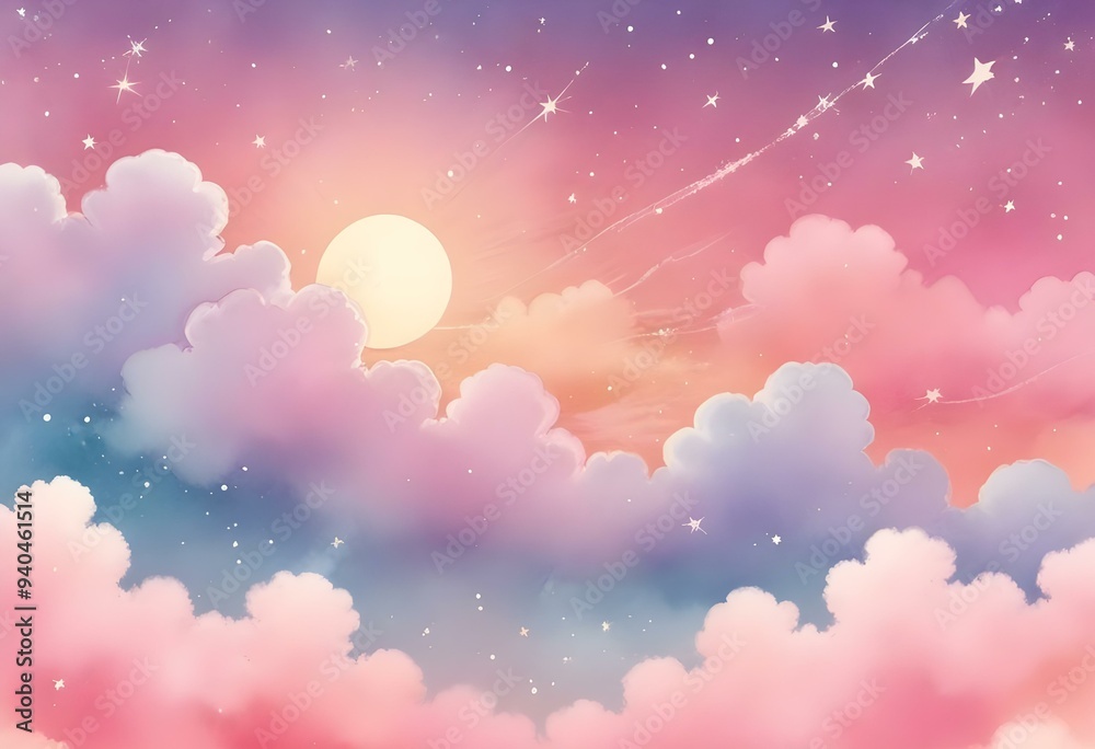 Sugar cotton pink clouds vector design background. Glamour fairytale backdrop. Plane sky view with stars and sunset. Watercolor style texture. Sugar cotton pink clouds vector design background. Glamour fairytale backdrop. Plane sky view with stars and sunset. Watercolor style texture.
