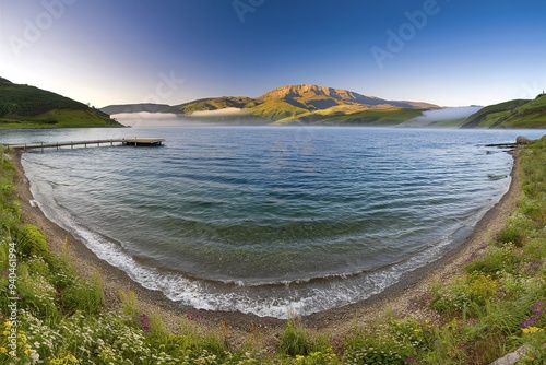 A stunning panoramic view of a serene lake surrounded by lush green hills and vibrant wildflowers photo