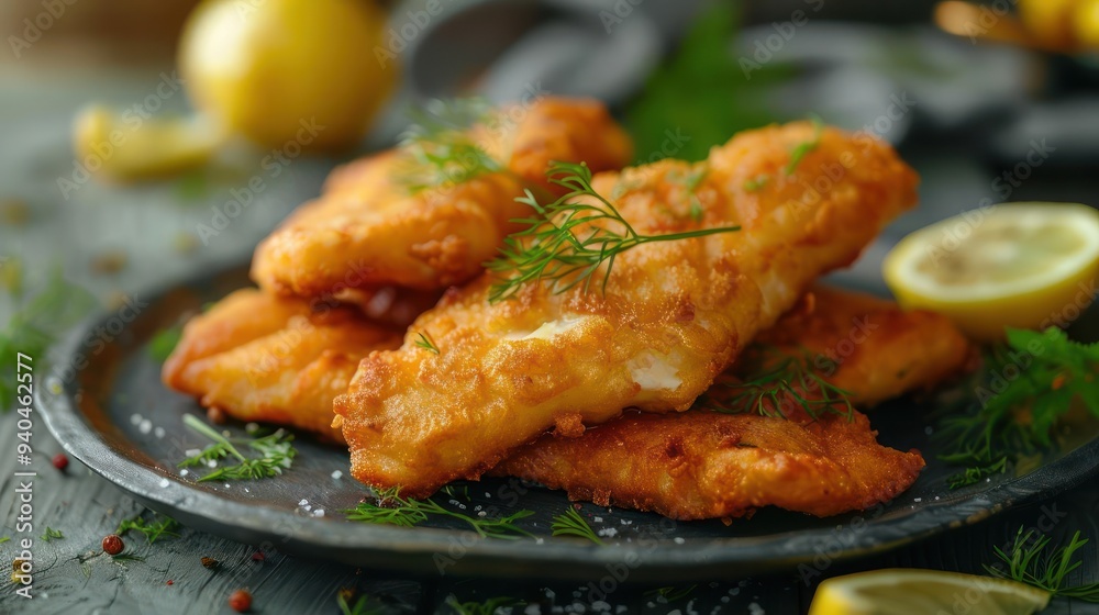A plate of fried fish patties garnished with fresh herbs and a squeeze of lemon juice, A plate of fried fish patties garnished with fresh herbs and a squeeze of lemon juice,