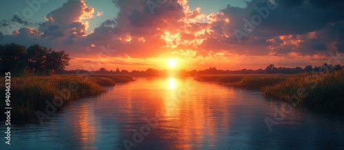 Sunset Over a River with Golden Sky