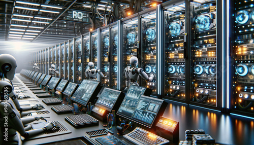 Data Center, multiple rows of Operational server racks, concept of cloud computing, artificial intelligence, super computer, cybersecurity, Telecommunications Technology, Database, bigdata