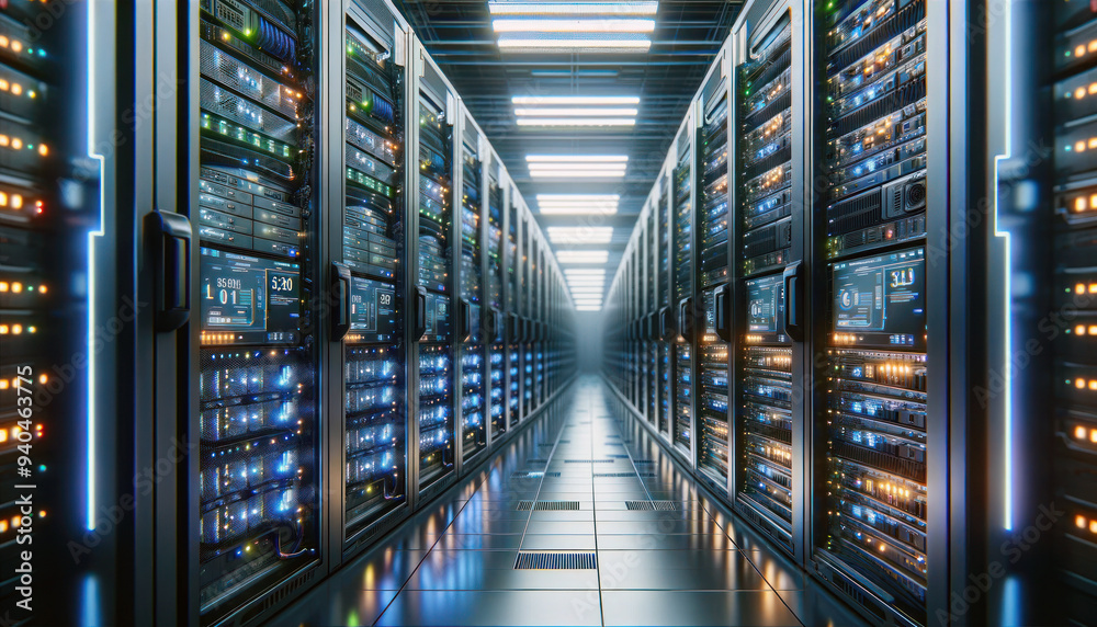 Data Center, multiple rows of Operational server racks, concept of cloud computing, artificial intelligence, super computer, cybersecurity, Telecommunications Technology, Database, bigdata Data Center, multiple rows of Operational server racks, concept of cloud computing, artificial intelligence, super computer, cybersecurity, Telecommunications Technology, Database, bigdata