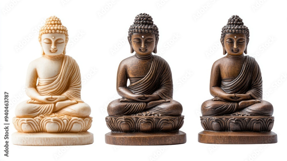 Three Wooden Buddha Statues in Meditation Pose Three Wooden Buddha Statues in Meditation Pose