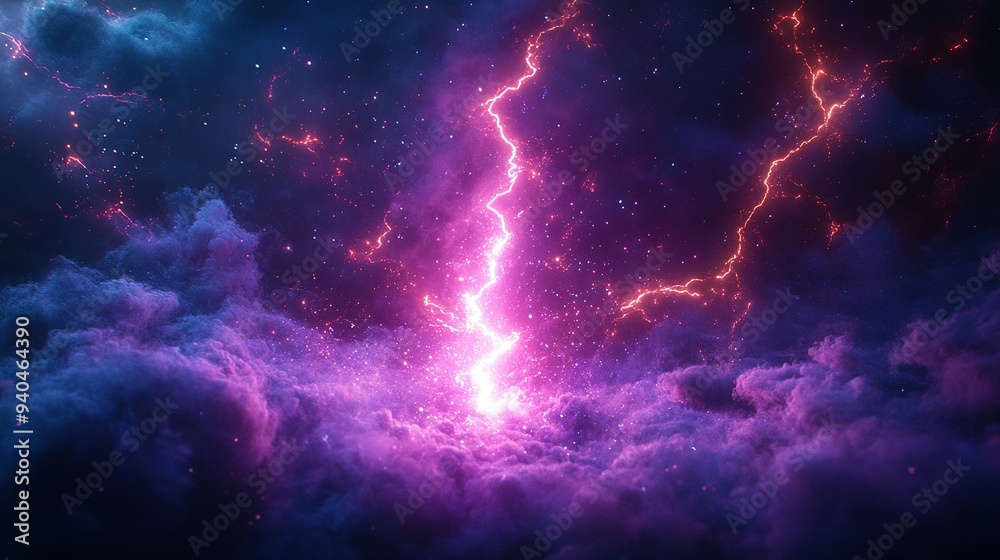 Obraz premium Lightning Strike Through Purple Clouds in a Starry Sky