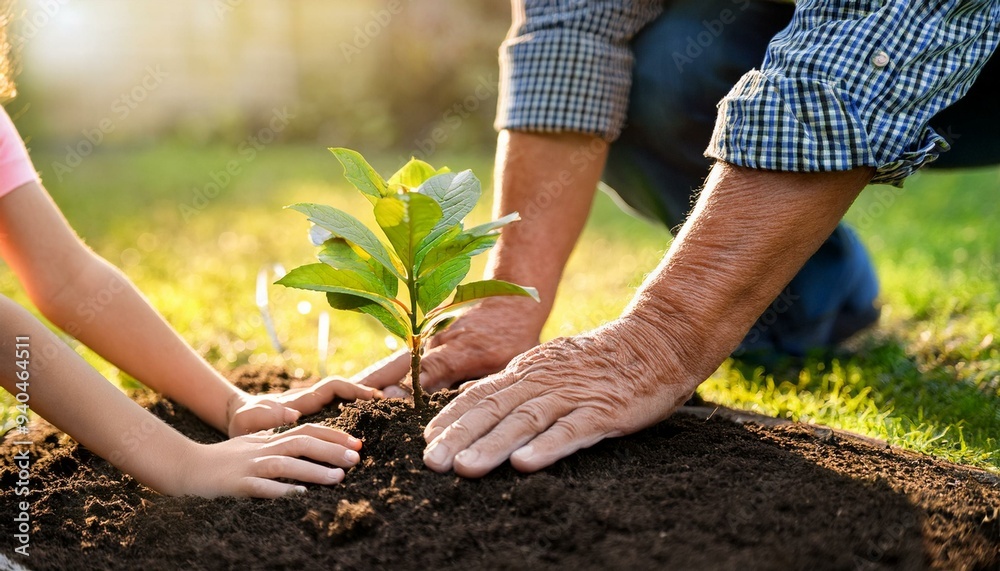 Fototapeta premium Generations Nurturing Nature: Grandfather and Granddaughter Planting a Tree Together