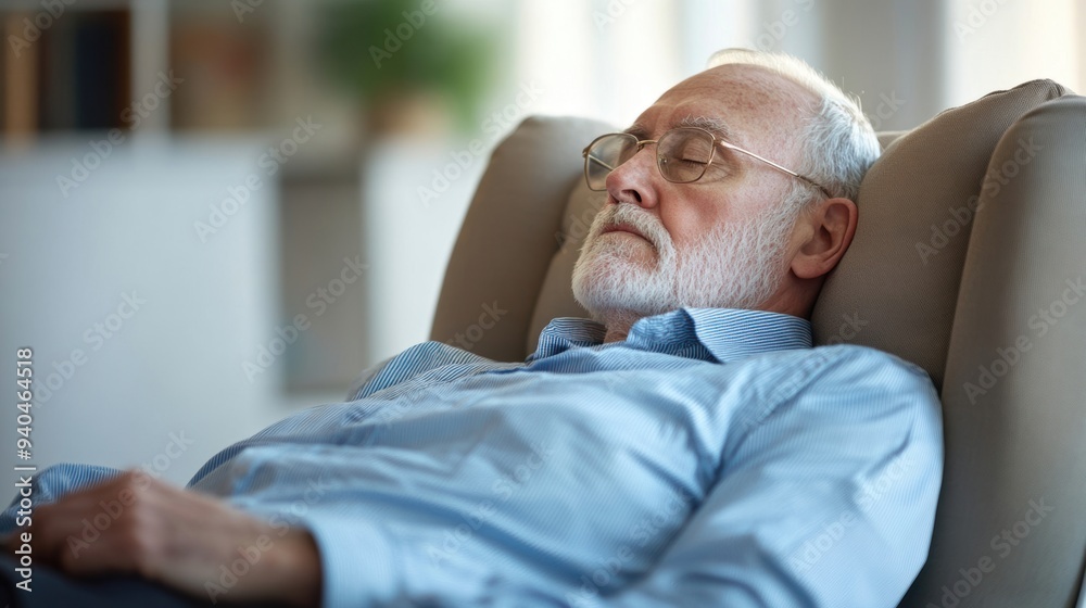 An elderly person napping in a chair, highlighting the effects of fatigue, sleepiness, and age-related fatigue syndrome. An elderly person napping in a chair, highlighting the effects of fatigue, sleepiness, and age-related fatigue syndrome.