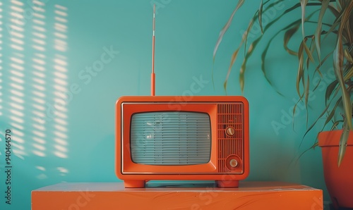 Retro old orange TV receiver on table front gradient aquamarine wall background. Vintage style filtered photo photo