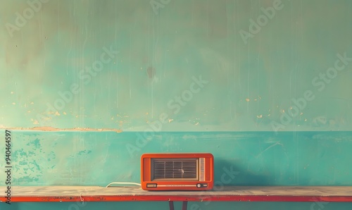 Retro old orange TV receiver on table front gradient aquamarine wall background. Vintage style filtered photo photo