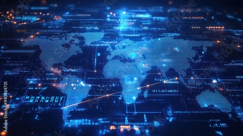 Abstract digital world map on blue background with binary code and global network connection technology concept, data transfer and cyber security in the cyberspace