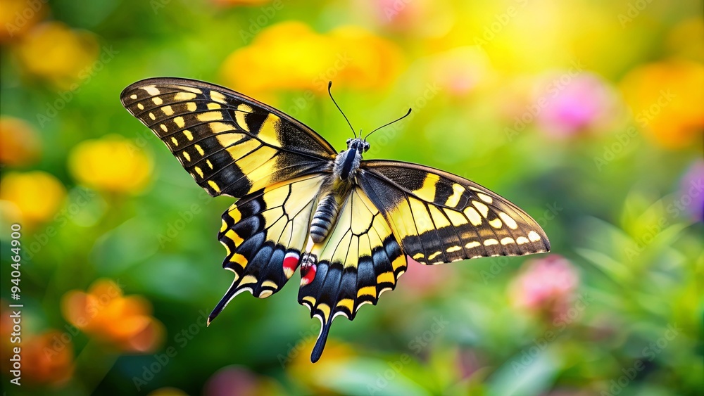 Obraz premium Close-up of black yellow tiger swallowtail butterfly flying in garden with blurred green background, nature, wildlife