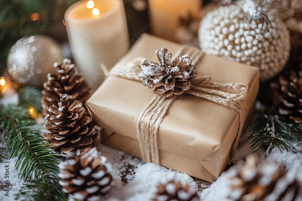 Festive holiday decorations with  gifts and pine