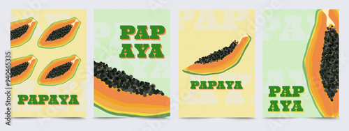 Creative concept of card set with stylized papaya drawing, whole and half. Modern design templates for ads, branding, label. Tropical exotic fruit. Collection of fruit templates, posters, price tags