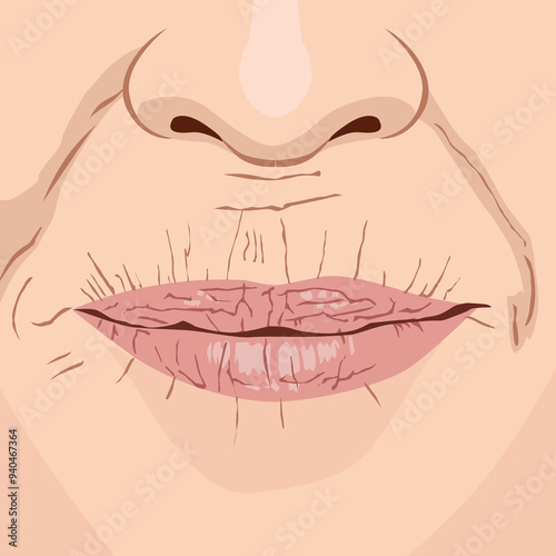 Close up wrinkles around the old woman's mouth and lip, illustration