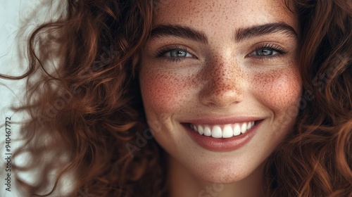 Beauty portrait of happy attractive young woman with glowing healthy radiant pure skin and beautiful hair. Pretty european girl model smiling on background advertising skin care cosmetic. Closeup face