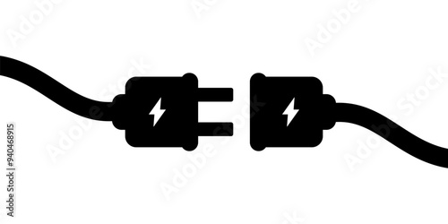 Black electric wire plug and socket icon flat vector design