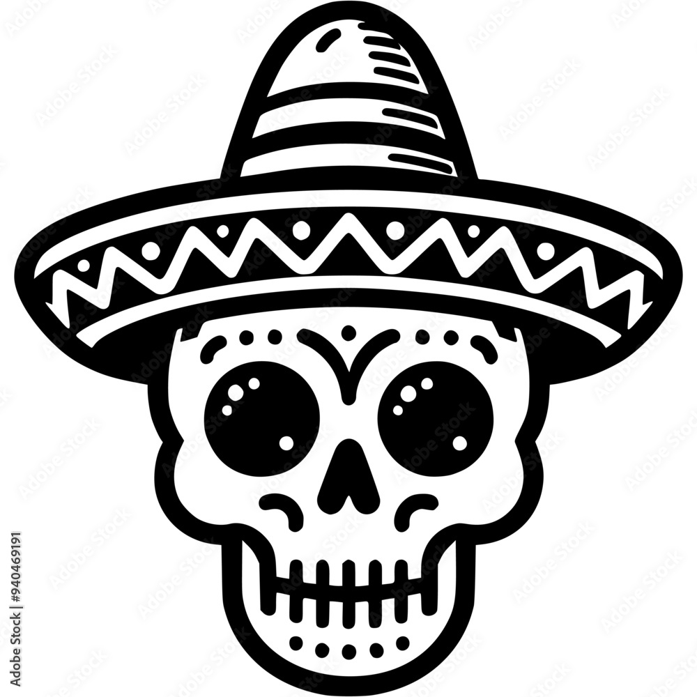 Human skull decorated with ornaments wearing a traditional Mexican hat ...