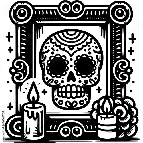 Symbolic Mexican day of dead altar in monochrome. Simple minimalistic vector in black ink drawing on transparent background
