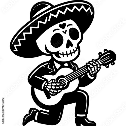 Mexican musician wearing wide hat with skeleton mask on face stands on one knee and plays guitar in monochrome. Simple minimalistic vector in black ink drawing on transparent background