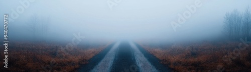 A tranquil road disappearing into a thick fog, creating a serene and mysterious atmosphere for exploration and adventure.