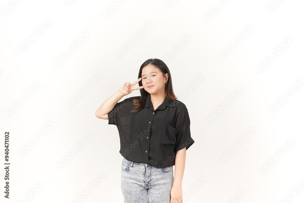 Young Asian woman showing peace sign two finger wearing Black t-shirt and jeans isolated on white background Young Asian woman showing peace sign two finger wearing Black t-shirt and jeans isolated on white background