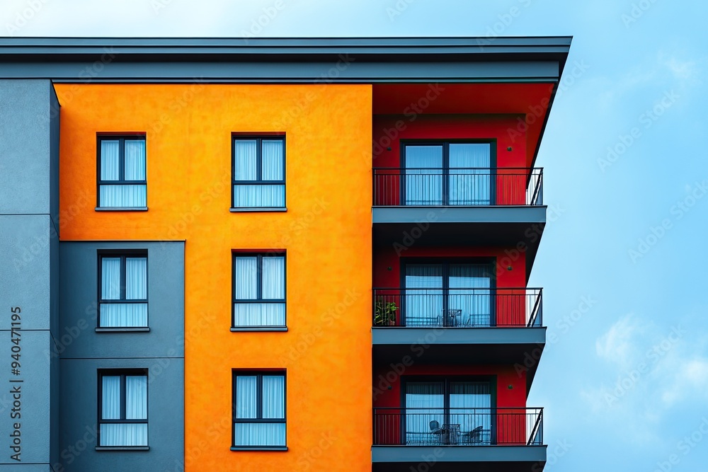 Obraz premium Modern apartment building with colorful facade. This photo is perfect for illustrating real estate, architecture, and urban living concepts.