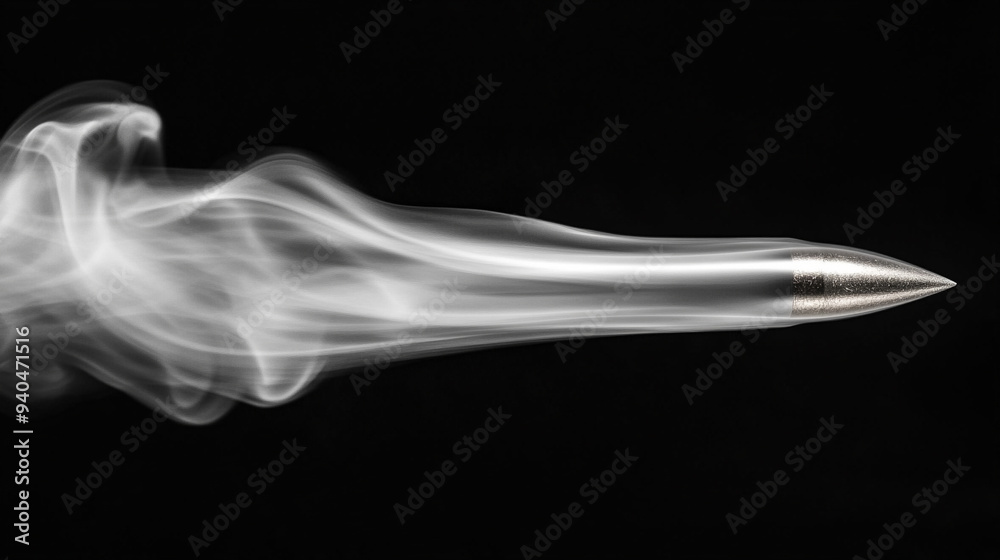 bullet in mid-flight leaves a dramatic trail of smoke, conveying speed, power, and impact in an empty blue backdrop, emphasizing motion and precision