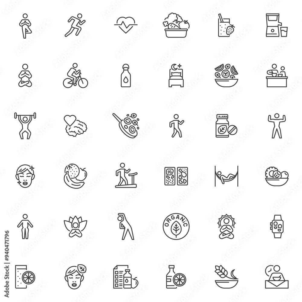 Fototapeta premium Healthy lifestyle line icons set