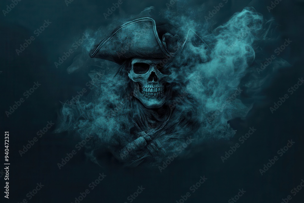 Obraz premium A haunting pirate skull shrouded in blue smoke, evoking mystery and adventure on the high seas, perfect for fantasy themes.